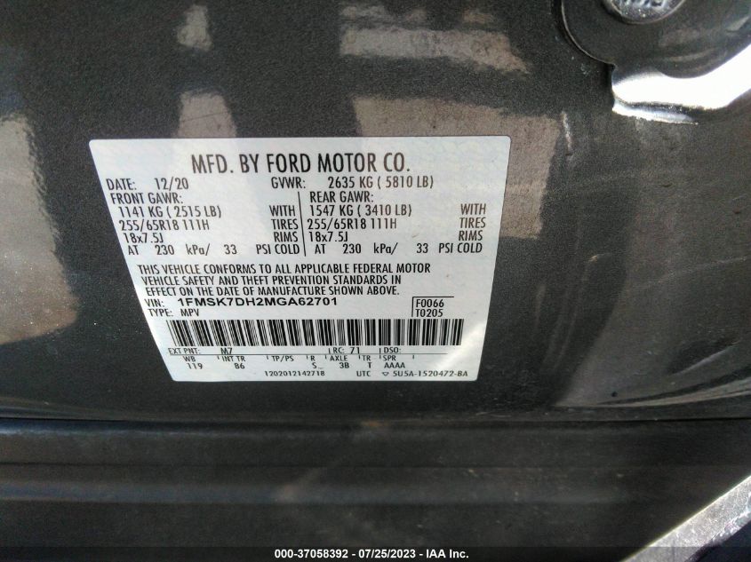 2021 FORD EXPLORER XLT - 1FMSK7DH2MGA62701