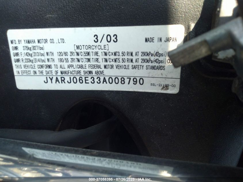 2003 YAMAHA YZFR6 L - JYARJ06E33A008790