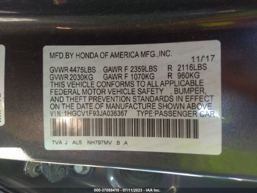 2018 HONDA ACCORD SEDAN TOURING 1.5T - 1HGCV1F93JA036367