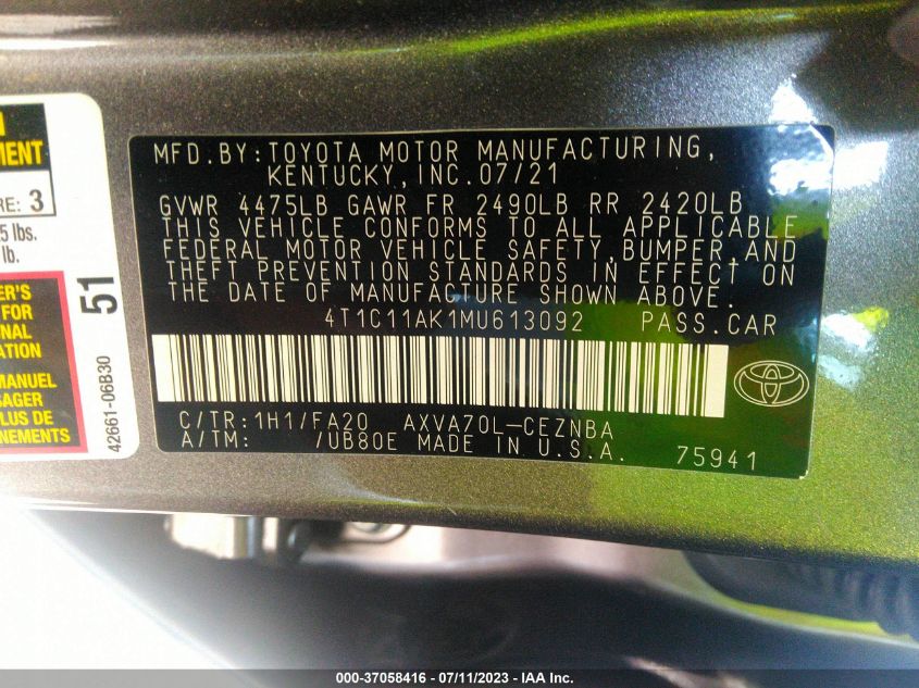 2021 TOYOTA CAMRY LE - 4T1C11AK1MU613092