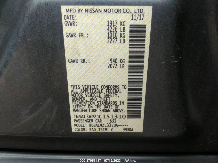 2018 NISSAN ALTIMA 2.5 SV - 1N4AL3AP2JC151310