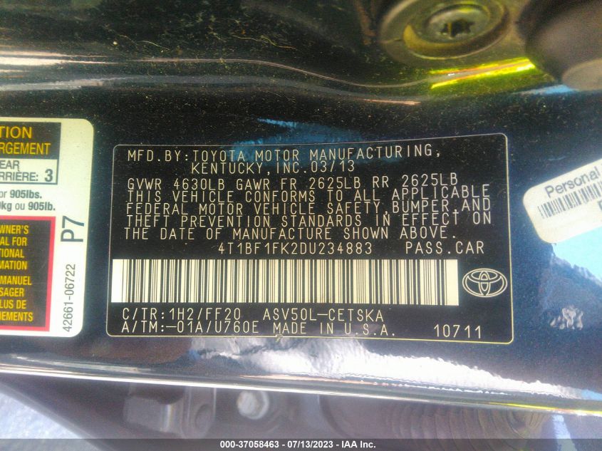 2013 TOYOTA CAMRY L/LE/SE/XLE - 4T1BF1FK2DU234883