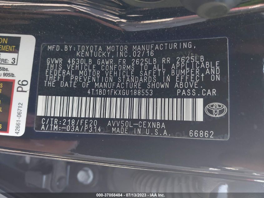 2016 TOYOTA CAMRY HYBRID LE/XLE/SE - 4T1BD1FKXGU188553