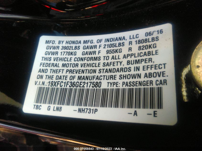 2016 HONDA CIVIC SEDAN EX-T - 19XFC1F36GE217580