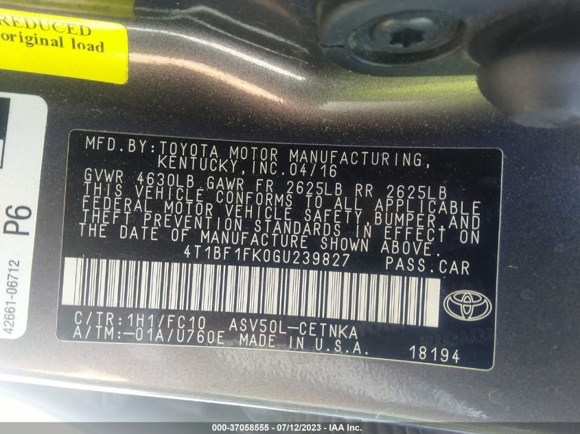 2016 TOYOTA CAMRY XLE/SE/LE/XSE - 4T1BF1FK0GU239827