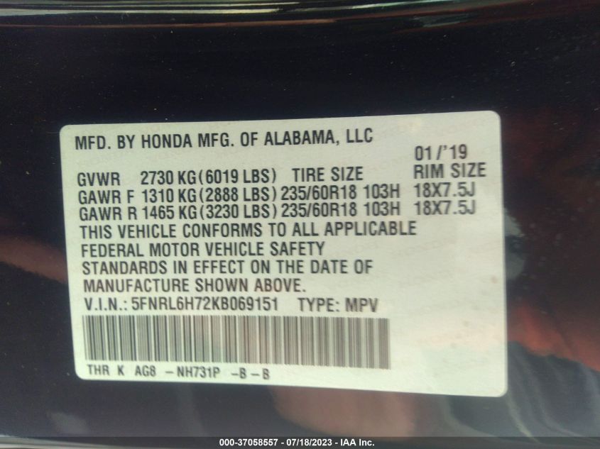 5FNRL6H72KB069151 Honda Odyssey EX-L 9