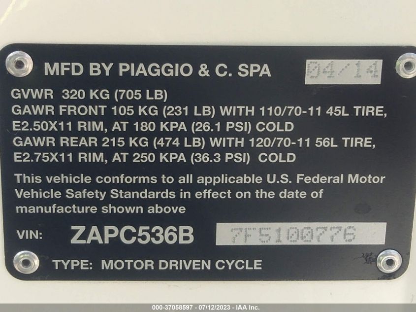 2015 VESPA PRIMAVERA 50 4V IE ZAPC536B7F5100776