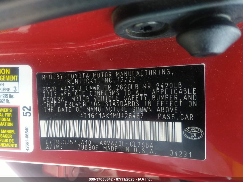 2021 TOYOTA CAMRY SE - 4T1G11AK1MU426467