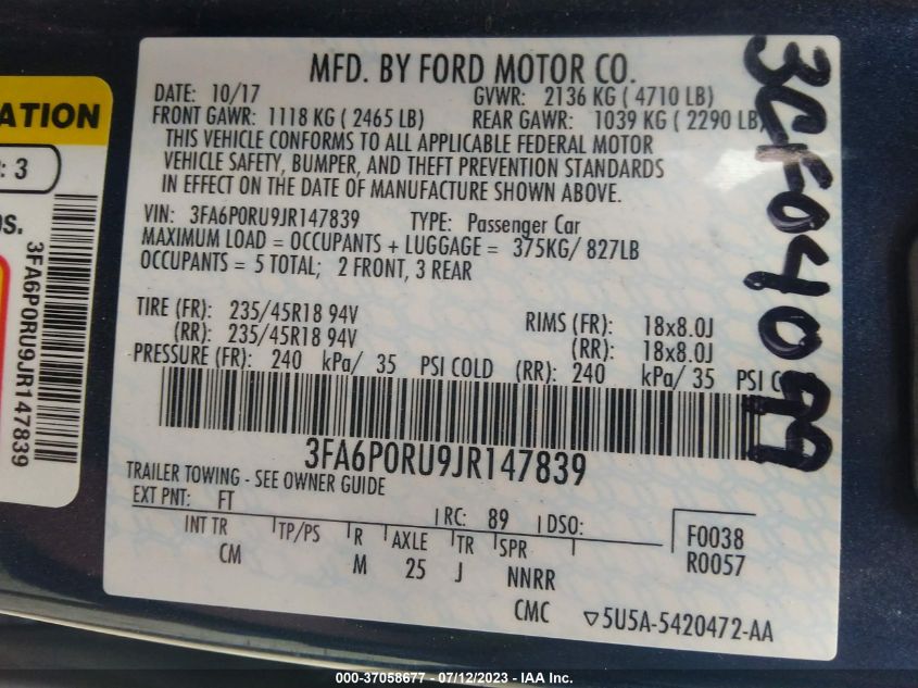 2018 FORD FUSION HYBRID PLATINUM - 3FA6P0RU9JR147839