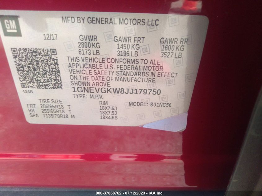 2018 CHEVROLET TRAVERSE LT CLOTH - 1GNEVGKW8JJ179750