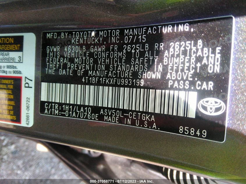 2015 TOYOTA CAMRY XLE/SE/LE/XSE - 4T1BF1FKXFU993199