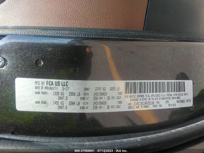 2017 CHRYSLER PACIFICA LIMITED - 2C4RC1GG1HR722148