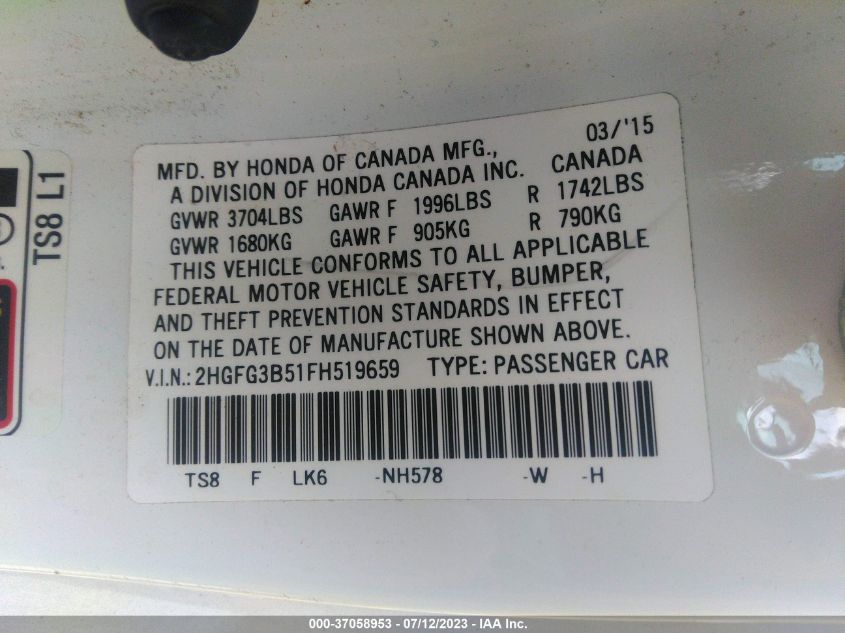2015 HONDA CIVIC COUPE LX - 2HGFG3B51FH519659
