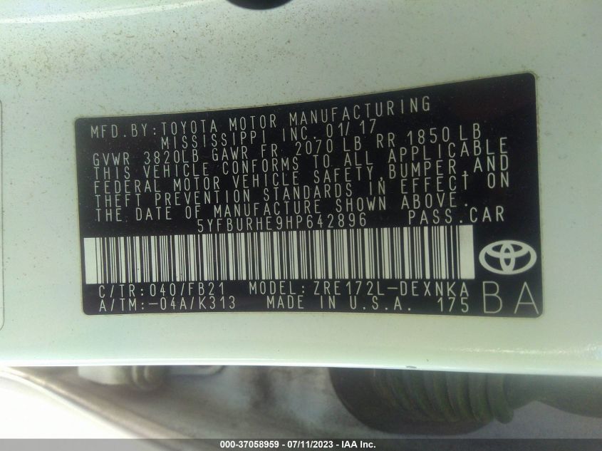 2017 TOYOTA COROLLA L/LE/XLE/SE/XSE - 5YFBURHE9HP642896