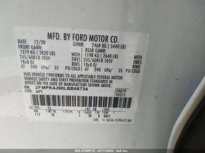 2FMPK4J90LBB68734 2020 FORD EDGE, photo no. 9