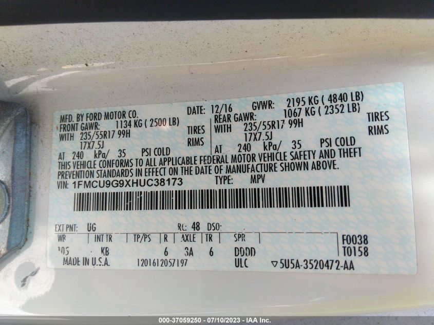 2017 FORD ESCAPE SE - 1FMCU9G9XHUC38173