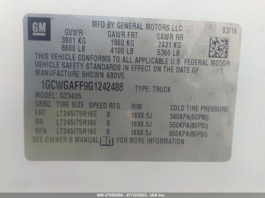 2016 CHEVROLET EXPRESS CARGO VAN - 1GCWGAFF9G1242488