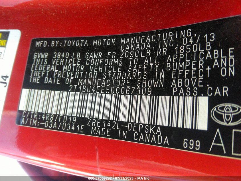 2013 TOYOTA COROLLA L/LE/S - 2T1BU4EE5DC067309