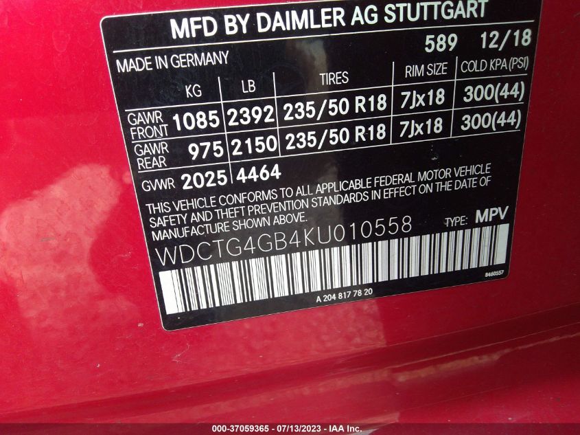 2019 MERCEDES-BENZ GLA GLA 250 - WDCTG4GB4KU010558