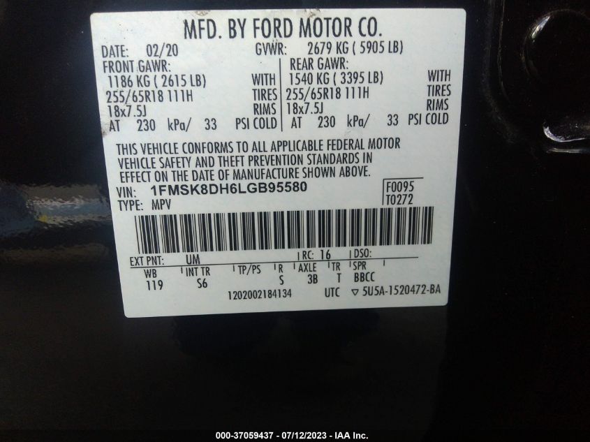 2020 FORD EXPLORER XLT - 1FMSK8DH6LGB95580