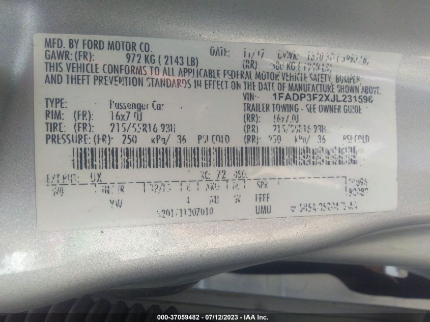 2018 FORD FOCUS SE - 1FADP3F2XJL231596