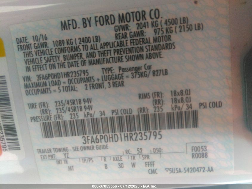 2017 FORD FUSION SE - 3FA6P0HD1HR235795