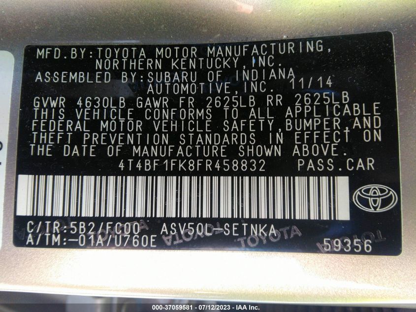 2015 TOYOTA CAMRY XLE/SE/LE/XSE - 4T4BF1FK8FR458832