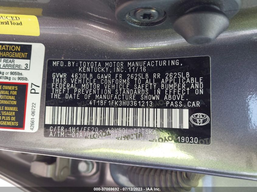 2017 TOYOTA CAMRY XLE/SE/LE/XSE - 4T1BF1FK3HU361213