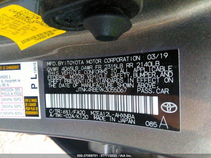 2019 TOYOTA COROLLA HATCHBACK SE/XSE JTNK4RBE9K3055067