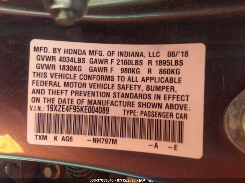 2019 HONDA INSIGHT TOURING - 19XZE4F95KE004089