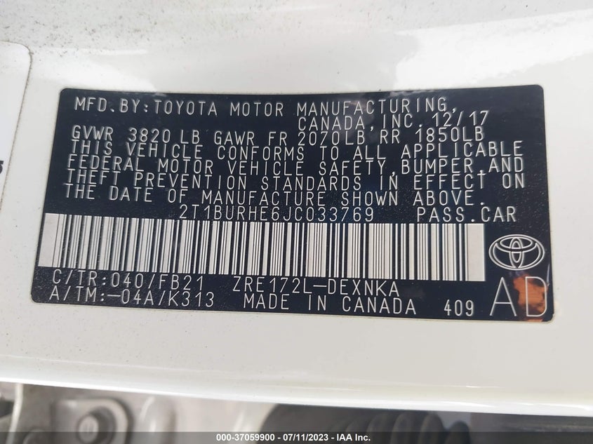 VIN 2T1BURHE6JC033769 2018 TOYOTA COROLLA L/LE/XLE/SE/XSE