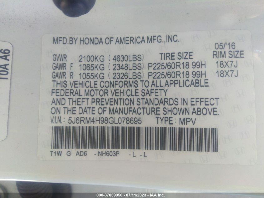 2016 HONDA CR-V TOURING - 5J6RM4H98GL078695