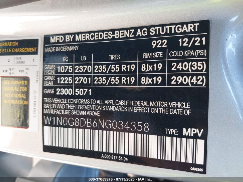 2022 MERCEDES-BENZ GLC GLC 300 - W1N0G8DB6NG034358