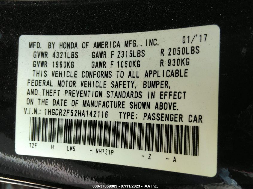 2017 HONDA ACCORD SEDAN SPORT - 1HGCR2F52HA142116