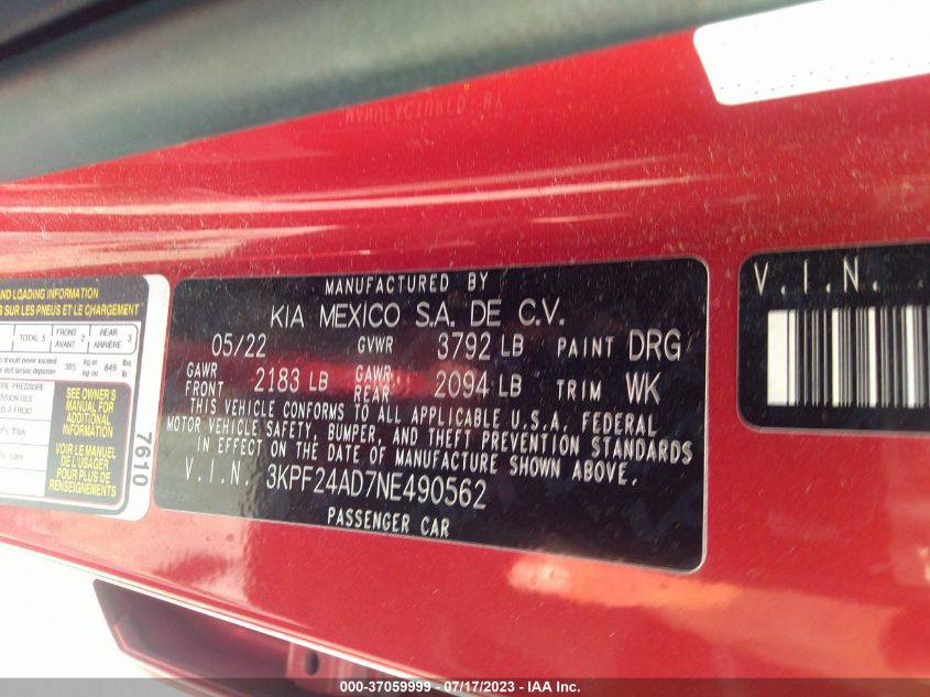 2022 KIA FORTE LXS - 3KPF24AD7NE490562