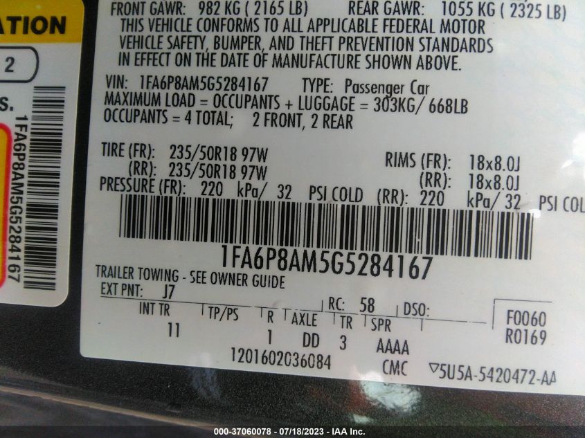 2016 FORD MUSTANG V6 - 1FA6P8AM5G5284167