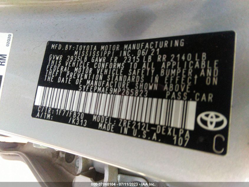 2021 TOYOTA COROLLA LE - 5YFEPMAE9MP265823
