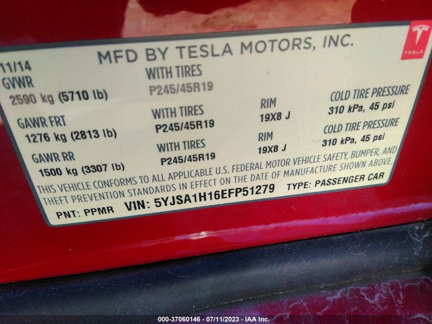 2014 TESLA MODEL S 60 KWH BATTERY/P85 - 5YJSA1H16EFP51279
