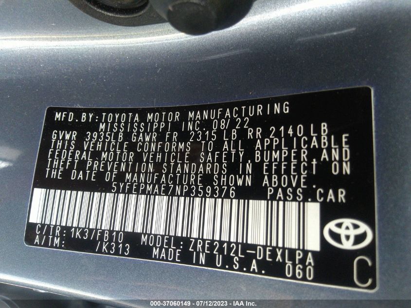 2022 TOYOTA COROLLA LE - 5YFEPMAE7NP359376