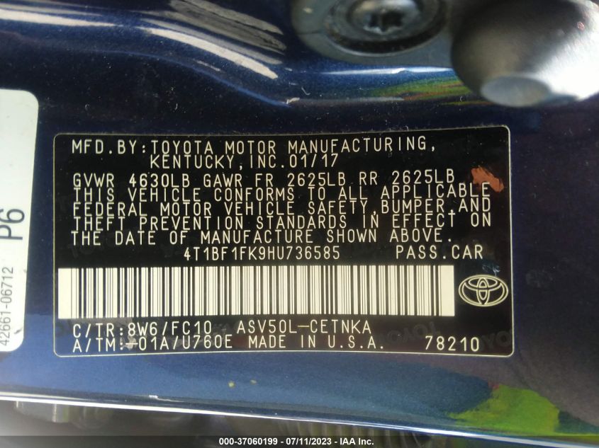 2017 TOYOTA CAMRY XLE/SE/LE/XSE - 4T1BF1FK9HU736585