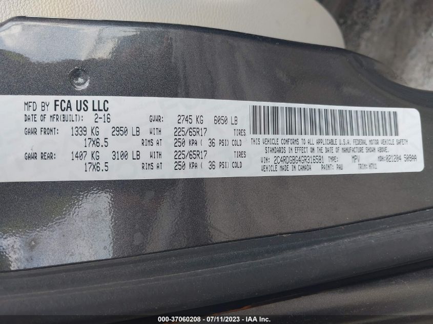2016 DODGE GRAND CARAVAN SE - 2C4RDGBG4GR316581