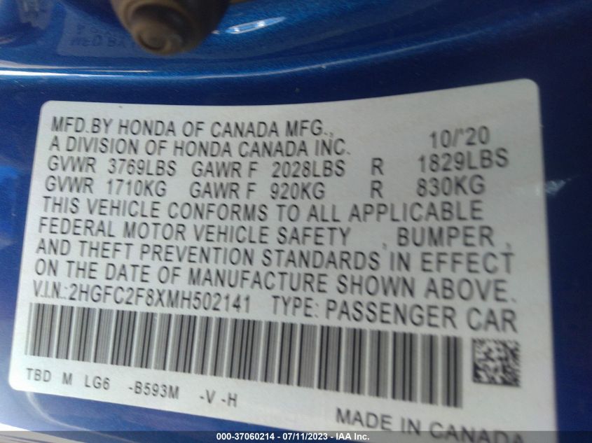 2021 HONDA CIVIC SEDAN SPORT - 2HGFC2F8XMH502141