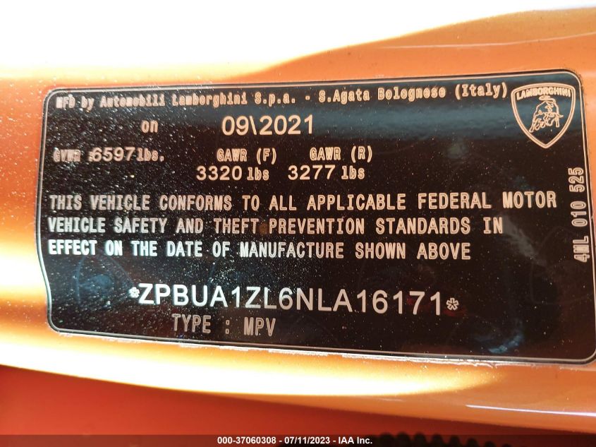 2022 LAMBORGHINI URUS ZPBUA1ZL6NLA16171