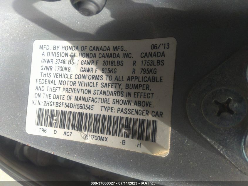 2013 HONDA CIVIC SDN LX - 2HGFB2F54DH560545