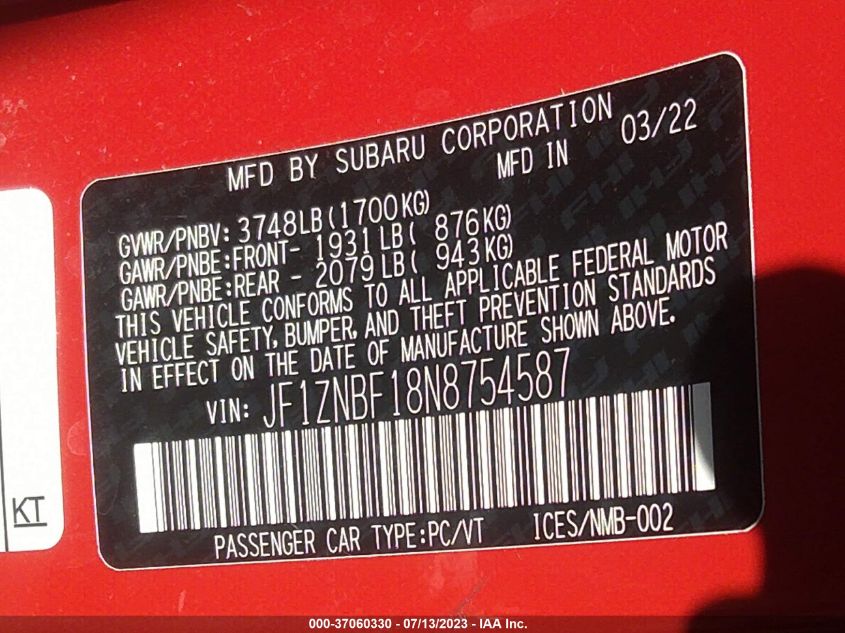 2022 TOYOTA GR86 PREMIUM JF1ZNBF18N8754587