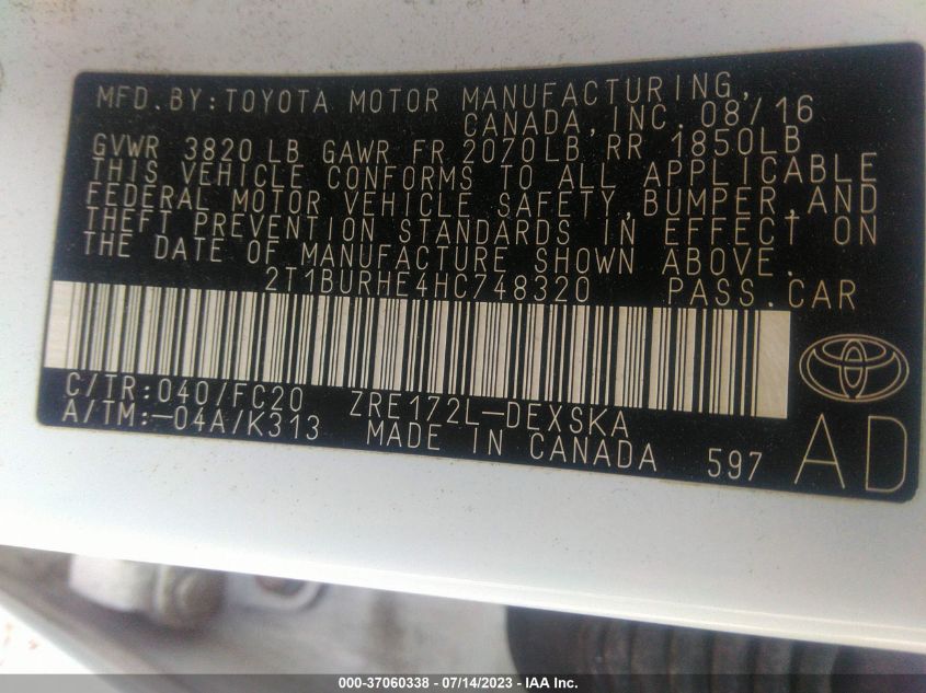 2017 TOYOTA COROLLA L/LE/XLE/SE/XSE - 2T1BURHE4HC748320