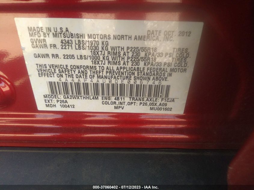 2013 MITSUBISHI OUTLANDER SPORT SE - 4A4AP4AU0DE006746