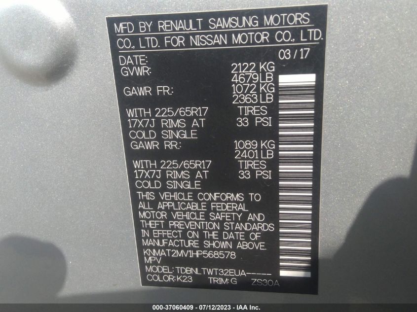 2017 NISSAN ROGUE SV - KNMAT2MV1HP568578