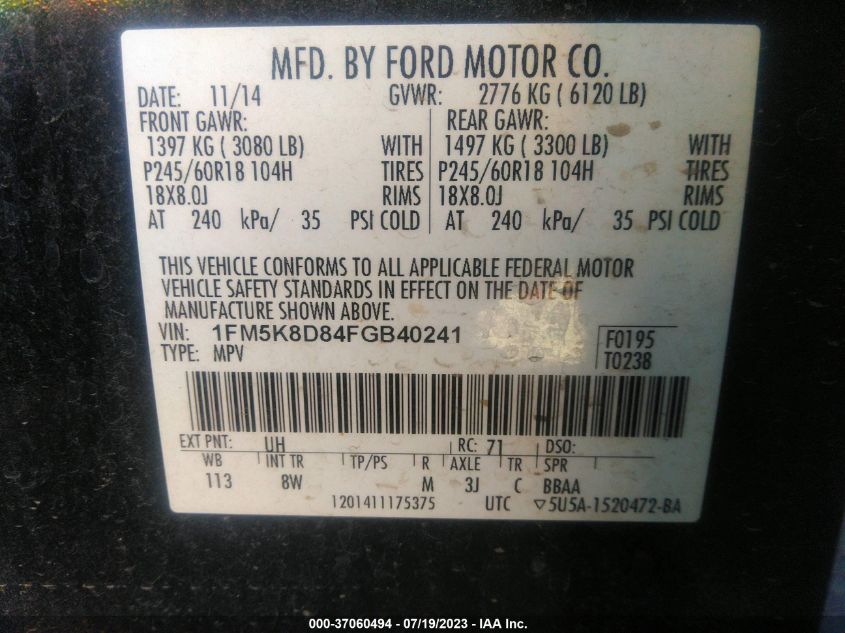 2015 FORD EXPLORER XLT - 1FM5K8D84FGB40241