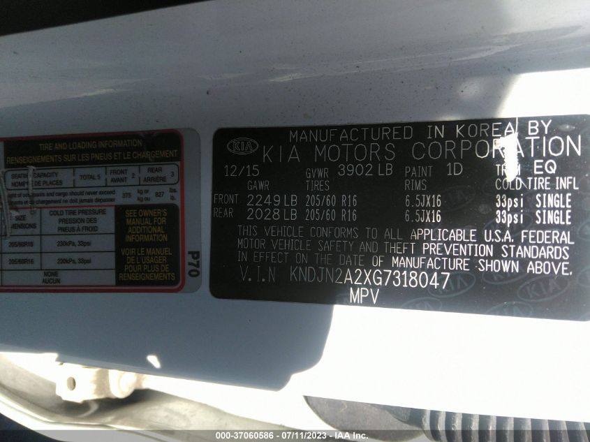 2016 KIA SOUL BASE - KNDJN2A2XG7318047